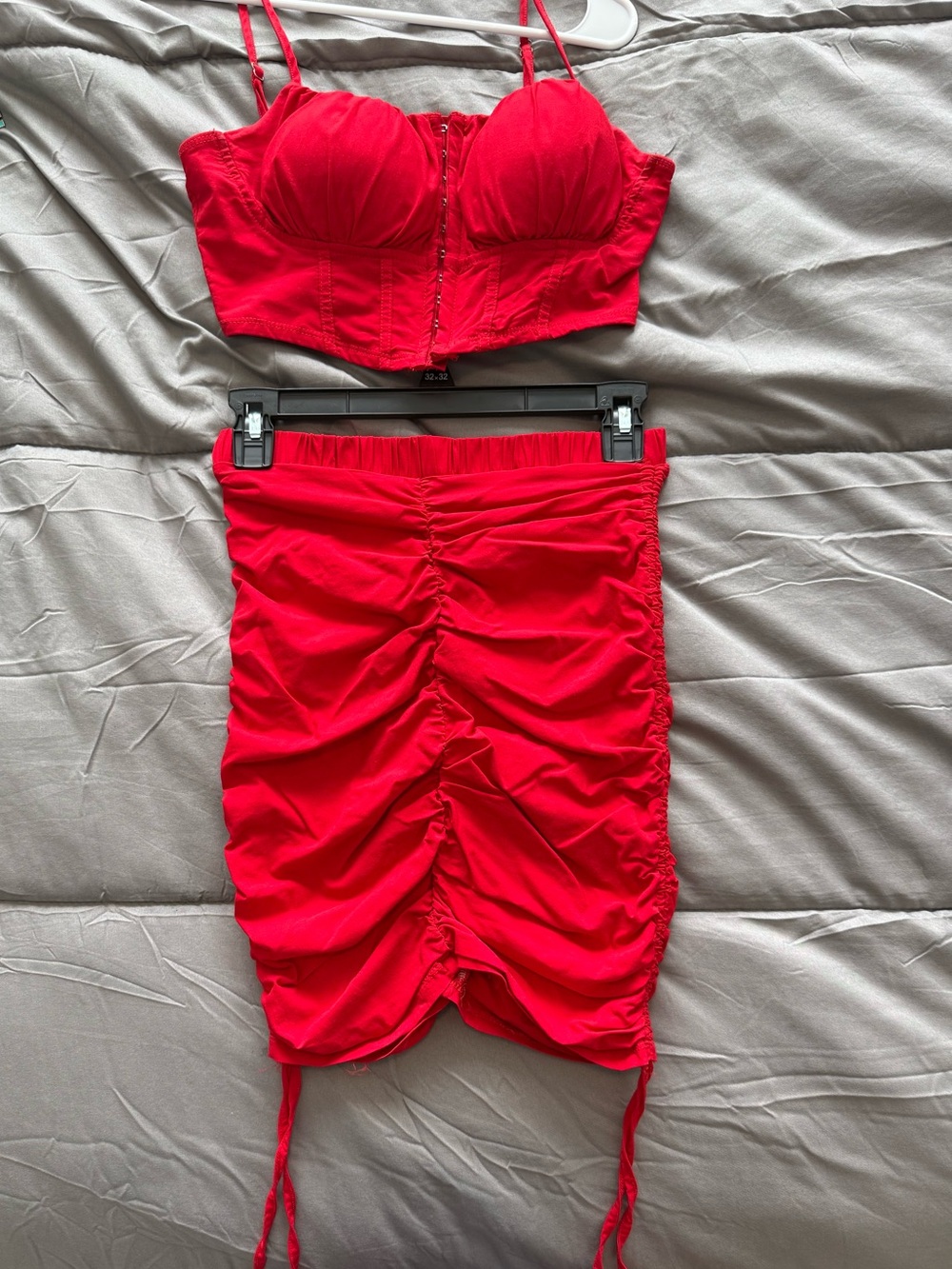 Women’s Red Two Piece Ruched Skirt & Corset Bustier Crop Top Set
